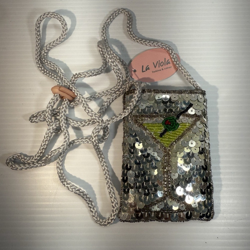 La Viola Martini w/Olive Bag Y2K Crossbody Mini Purse 4" x 3" Silver Sequins NWT